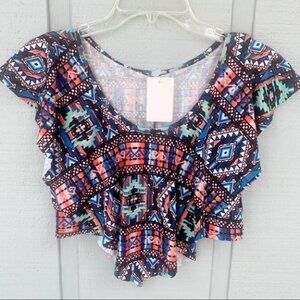 •-Reckless Heart Aztec Tribal Crop Top Ruffle F30
